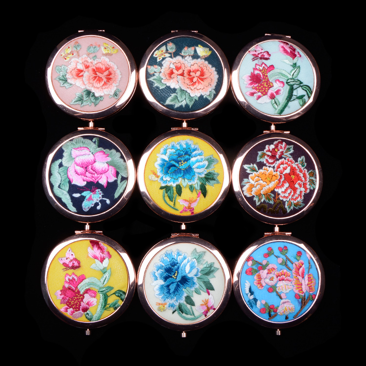 阿合奇化妆随身镜精品出国送礼刺绣中国风古风摄影 手绣镜子